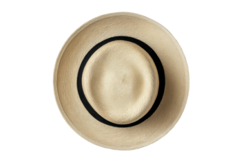 Top view of classic straw hat with black band on black background, cut out