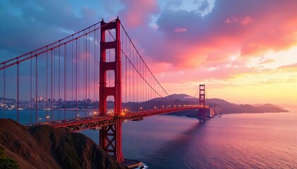 Fototapeta premium Iconic Golden Gate Bridge suspension cables, towers, and roadway spanning the San Francisco Bay, a majestic architectural marvel against a vibrant sky , bay area, red