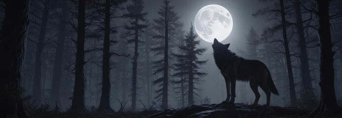 Full moon casts light on lone wolf's back, dense trees,  wildlife,  nature