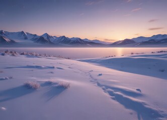 Glistening snow cover, vast expanse under twilight , snow,  serene,  horizon