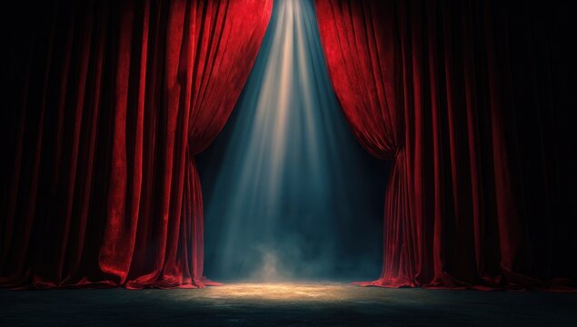Red stage curtains with spotlight shining down