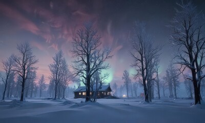 Frozen Arctic trees, research station silhouette, aurora borealis , environment, wildlife, sky