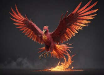 Crimson phoenix rising, fiery plumage, outstretched wings,  flame,  hope,  symbol