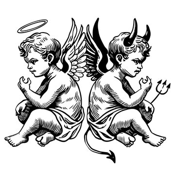 a line art illustration depicting two cherubic figures, one with an angelic halo and wings, and the other with devilish horns and a trident.