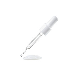 Glass Dropper Bottle with Liquid Droplet on White Background