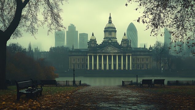 The royal college of surgeons in london viewed across a park in autumnal light.