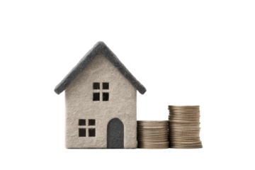 Felt house model with stacked coins representing real estate investment and financial growth, cut out