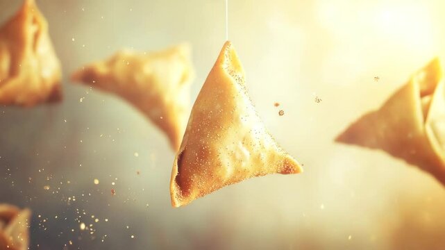 Golden Crispy Samosas Floating in Air with Sparkling Light Effects