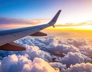 Obraz premium Airplane wing soaring above a sea of clouds at sunrise with vibrant colors and bright sunlight providing a sense of freedom and travel.