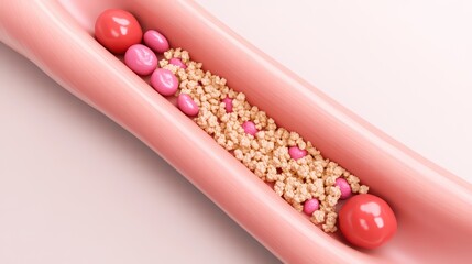 A blood vessel clogged with cholesterol plaque, restricting blood flow and representing artery blockage.