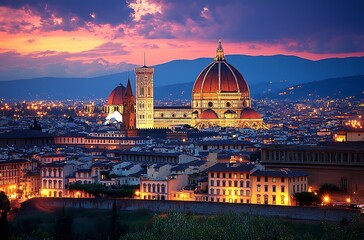 Fototapeta premium Evening view of florence italy cityscape featuring duomo and city lights against sunset sky