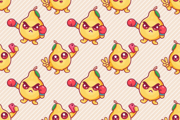 Fototapeta premium Funny quince fruit character seamless pattern illustration background