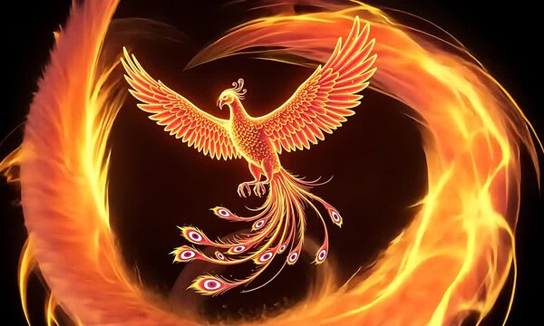 Vibrant phoenix rising from flames, symbolizing rebirth and transformation against a dark backdrop