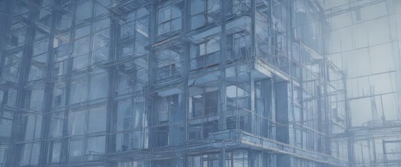Abstract architectural blueprint with a distressed blue photographic filter; sharp lines and soft overlay,  architecture,  section