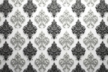 Symmetrical damask pattern with arabesque motifs in grayscale , home, damask, ornamental