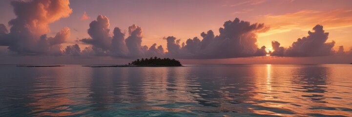 Fiery sky reflects on tranquil Maldives water, sun, evening