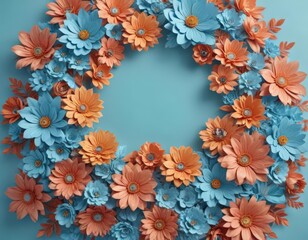 Vibrant paper flowers, light blue backdrop, central space ,  beautiful,  whimsical,  handmade paper