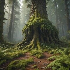 Massive tree, vibrant moss and fern growth, forest floor , woodland, leaves