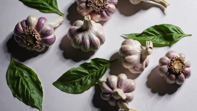 Fresh garlic and basil leaves arranged on a white surface with dynamic sunlight shadows