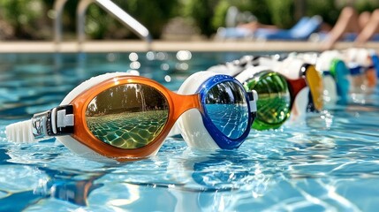 Colorful swim goggles floating in a pool.  Close-up view of various colored goggles on water surface.  Reflecting the pool environment