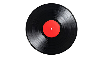 Close up shot of a classic black vinyl record with red label isolated on transparent background