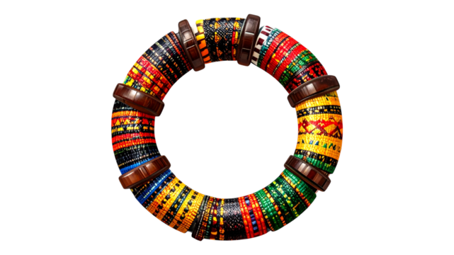 Colorful woven african beads arranged in a circular formation over transparent background