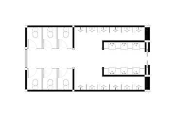 2 dimension floor plan design of public toilets, Vector  lines black isolated on white background. Set 4
