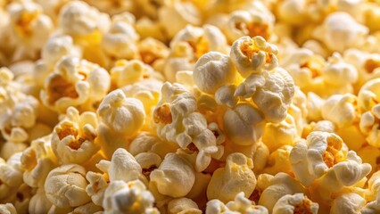 Close-up of fluffy popped popcorn kernels with butter and salt sprinkled on them, highlighting the texture and detail of the snack , pop, macro photography