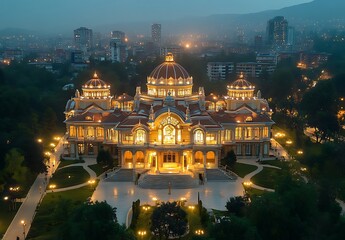 Fototapeta premium Illuminated palace at dusk illuminated with lights and lush greenery in urban landscape