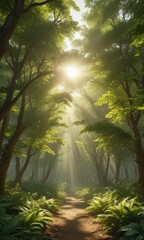 Golden sunbeams filter through lush green canopy, dappled light on leaves,  overhead,  woods,  outdoor