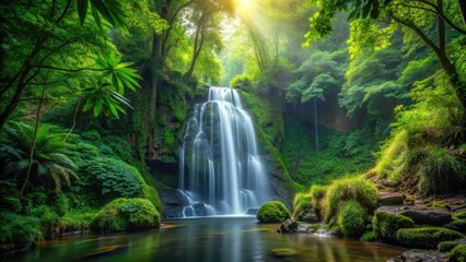Mysterious Secluded Waterfall in Lush Forest, greenery