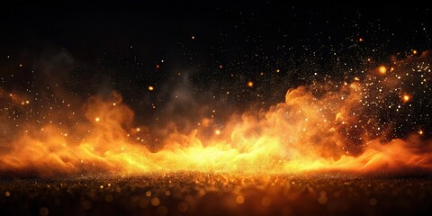 A dark night sky with orange-colored smoke particles and sparks floating in mid-air against a black background, orange