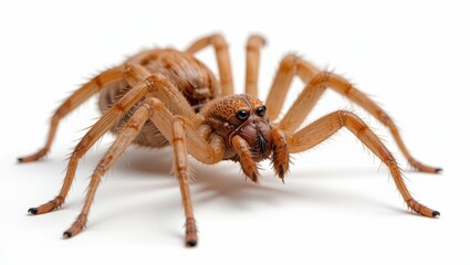 Fototapeta premium Close-Up View of a Brown Spider on a White Background Showcasing Textured Legs and Features