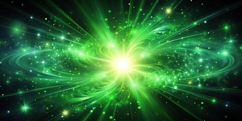 Fototapeta premium Vibrant green explosion of starlight with swirling cosmic energy release amidst a dark background, radiating an ethereal glow