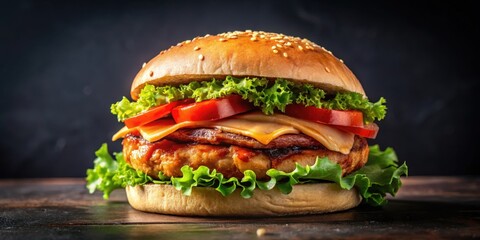 Grilled chicken burger on black background with lettuce and tomato, juicy meat and crispy bacon, savory flavors and textures