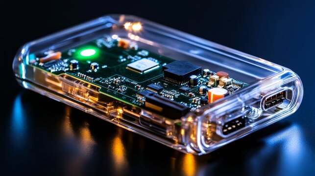 A small electronic device is shown in a clear case