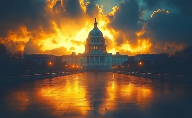 Obraz premium Us capitol building at sunset dramatic sky reflecting on wet pavement in washington dc