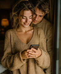Beautiful smiling young couple looking at mobile phone together. Happy young couple using smartphone