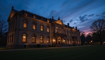 Elegant, illuminated building at twilight.