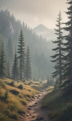 Misty mountain fir forest, vintage faded tones, illustration, muted, dreamy