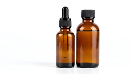 Amber glass bottles dropper and cosmetic containers with white background.