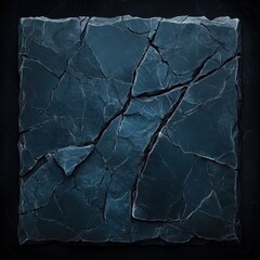 A square, dark-blue stone slab, heavily fractured and cracked, showing deep fissures and textural detail