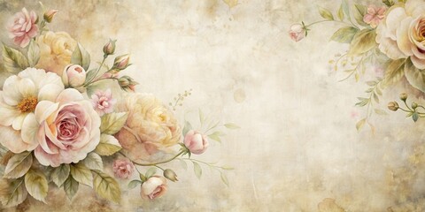 Soft watercolor blooms on distressed white background with subtle texture and warm beige tone, antique paper, floral pattern