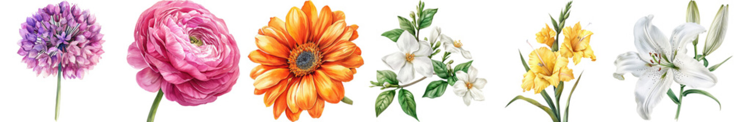 Fototapeta premium A Vibrant Array of Colorful Flowers Including Purple, Pink, Orange, White and Yellow Blooms on a Delicate Transparent Background