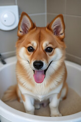Happy corgi with fluffy fur sitting in bathtub