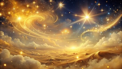 Swirling clouds of golden light in a vast, starry sky with delicate twinkling stars and soft, feathery brushstrokes, space, golden twinkle background