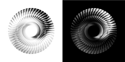 Dynamic abstract spiral sound wave rhythm lines. Circular spiral sound wave rhythm of lines. Circular futuristic abstract lines, black and white background.	
