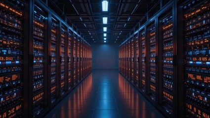 Fototapeta premium Futuristic Data Center Hallway with Illuminated Server Racks and Advanced Technology Infrastructure