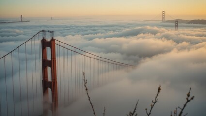 Obraz premium Golden Gate Bridge Emerging From Fog Under Vibrant Sunset Sky in San Francisco