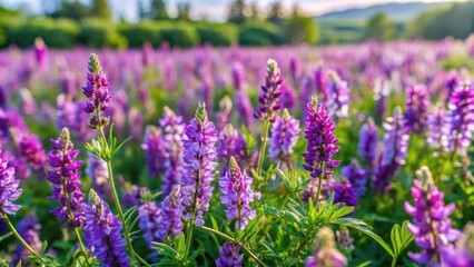 Obraz premium Field of Mongolian milkvetch with purple flowers and green leaves in a natural landscape